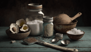 Coconut oil in a jar with a spoon, placed next to fresh coconuts